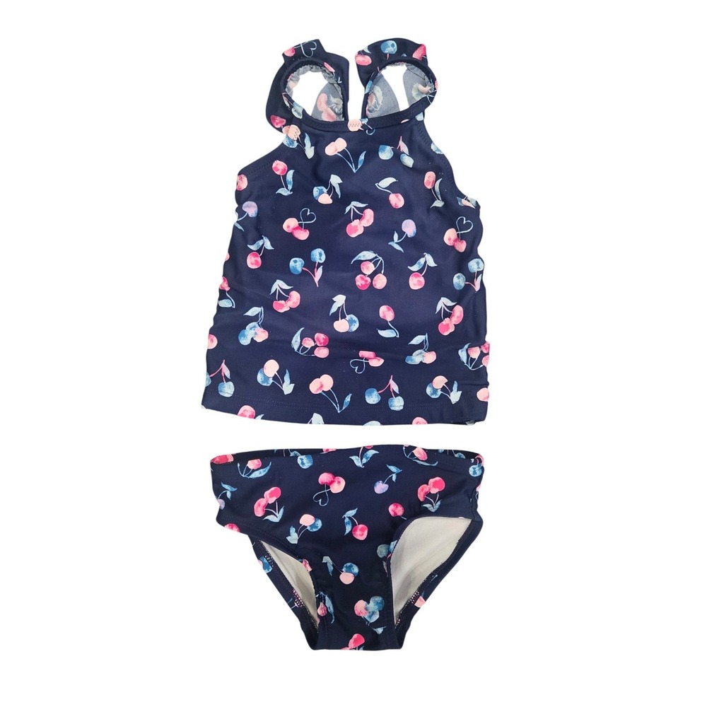 Girls Navy‎ Blue Cherry Print Tankini Two Piece Swimsuit Ruffle Straps Set